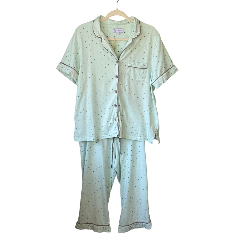PajamaGram Womens Mint Green Polka Dot Pajama Set Short Sleeve Crop Pants LG